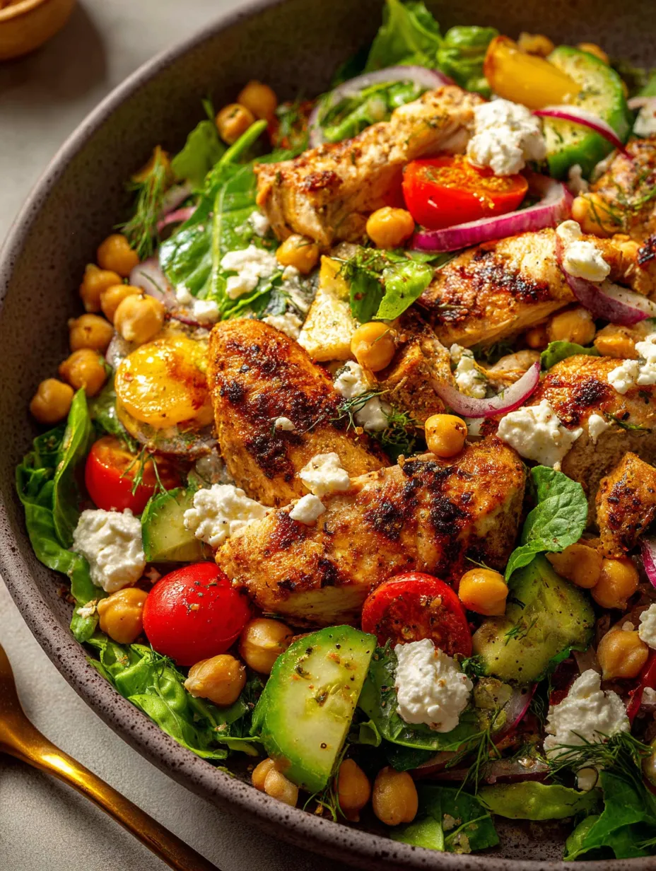 Una deliciosa ensalada griega de pollo y garbanzos.