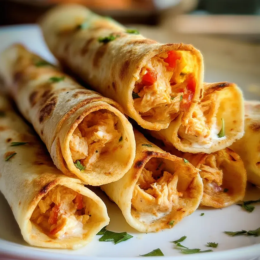 Un plato de taquitos de pollo con queso crema horneados.
