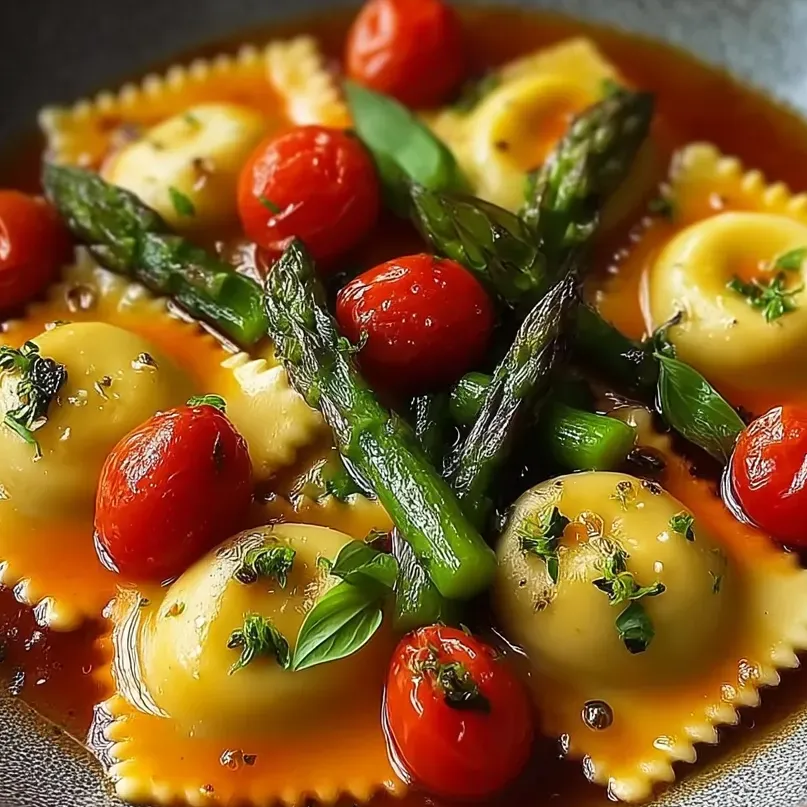 Un plato de ravioles con tomates y espárragos.