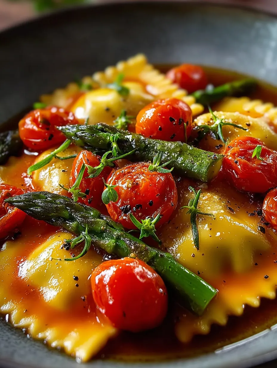 Un plato de pasta con tomates y espárragos.