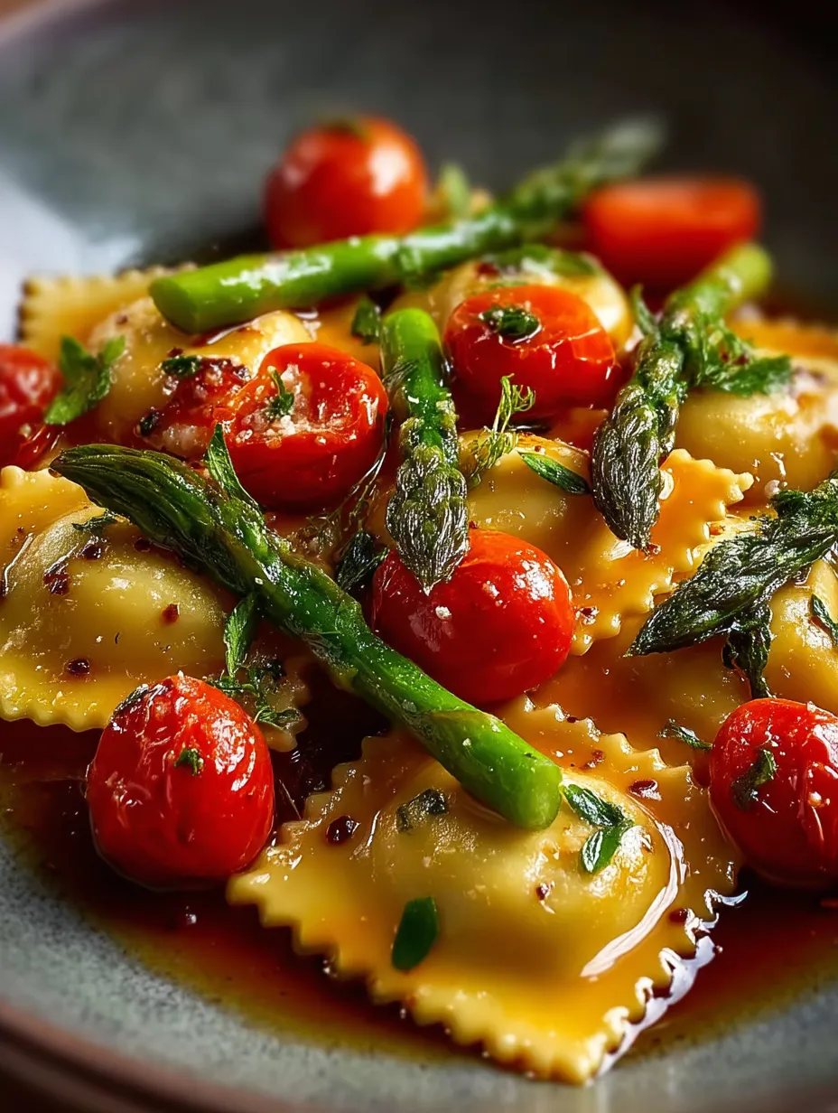 Un plato de pasta con tomates y espárragos.