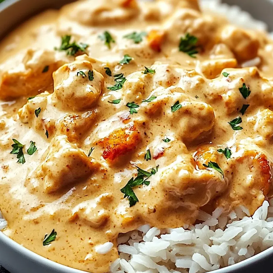 Un plato de pollo cremoso con arroz.