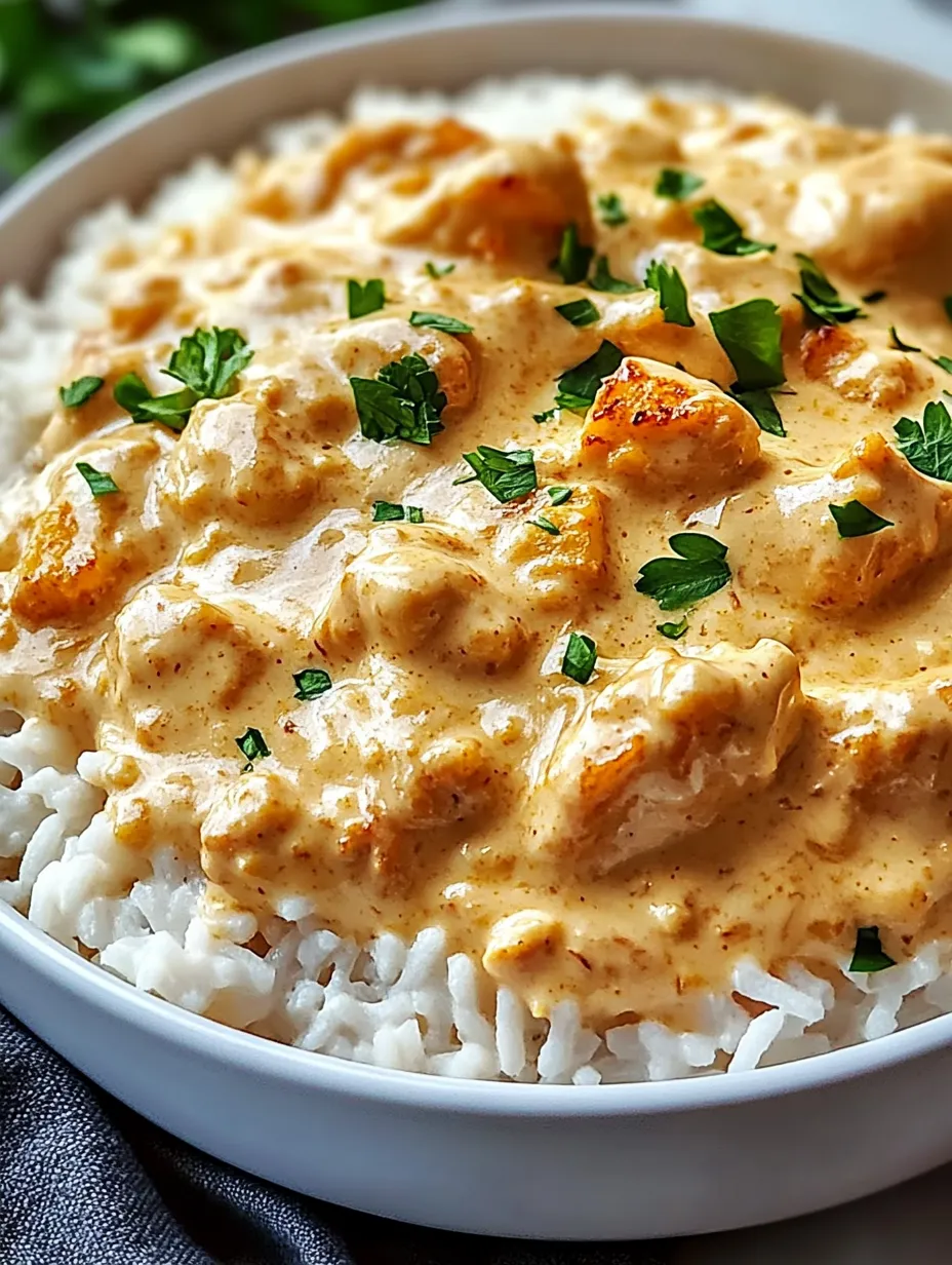 Un tazón de arroz y pollo con salsa cremosa.