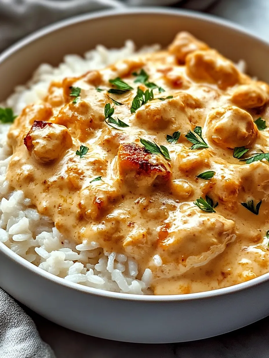 Un tazón de arroz y pollo con salsa cremosa.