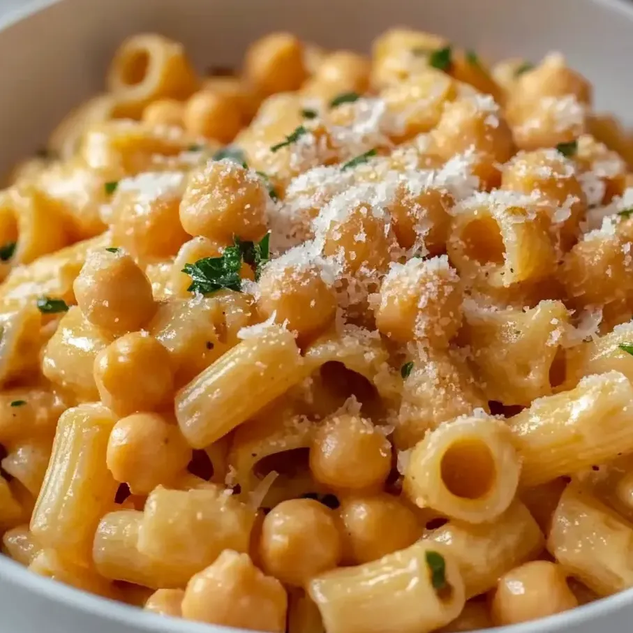 Un plato de pasta con garbanzos.