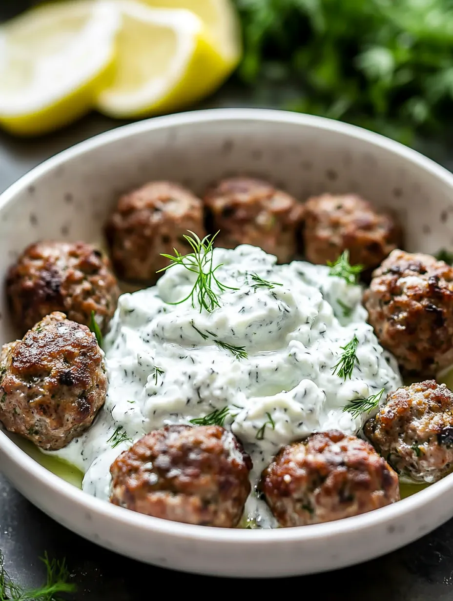 Un bol de albóndigas con una salsa blanca.