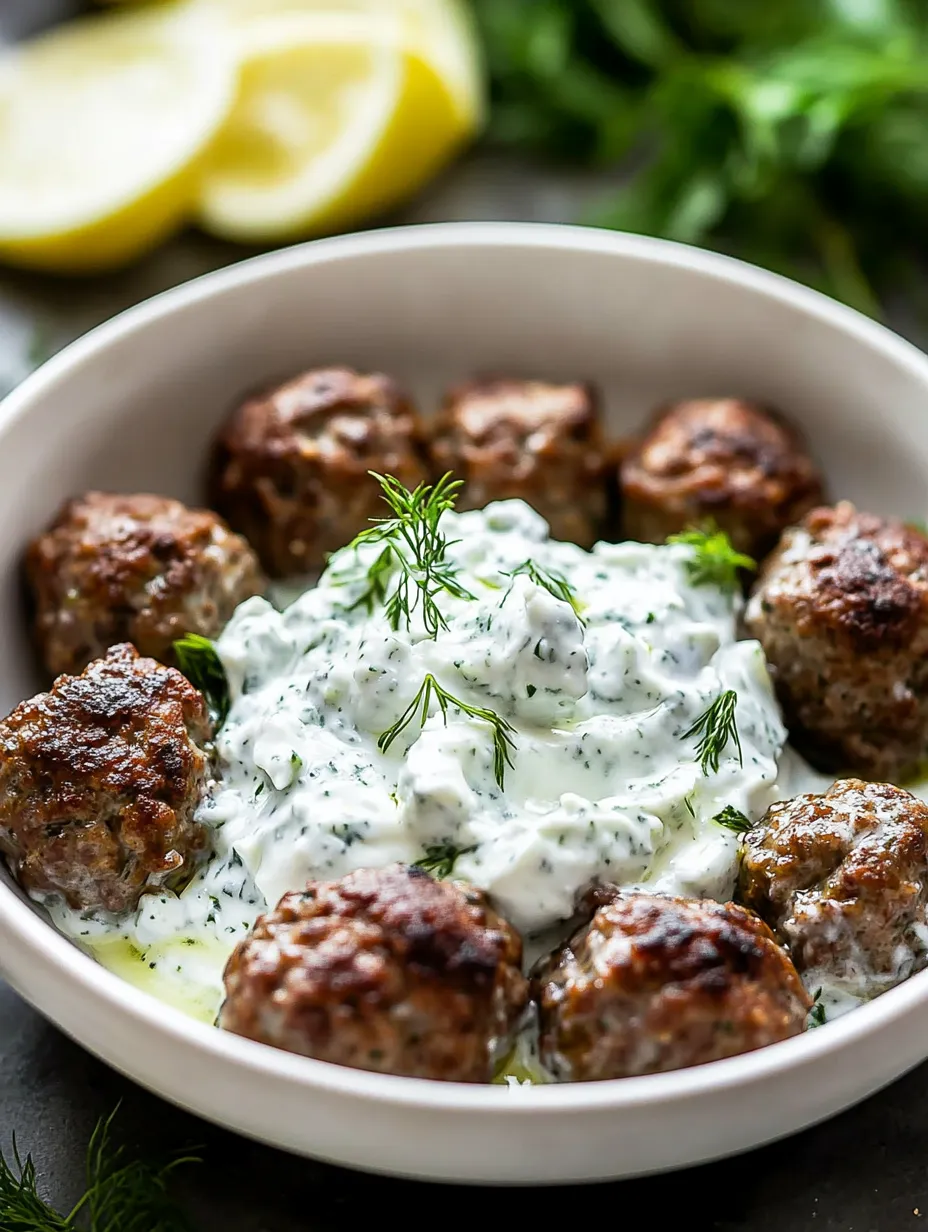 Un bol de albóndigas con una salsa blanca.