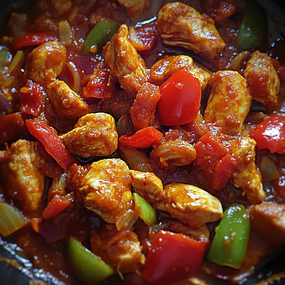 Un plato de pollo y pimientos en una sartén.