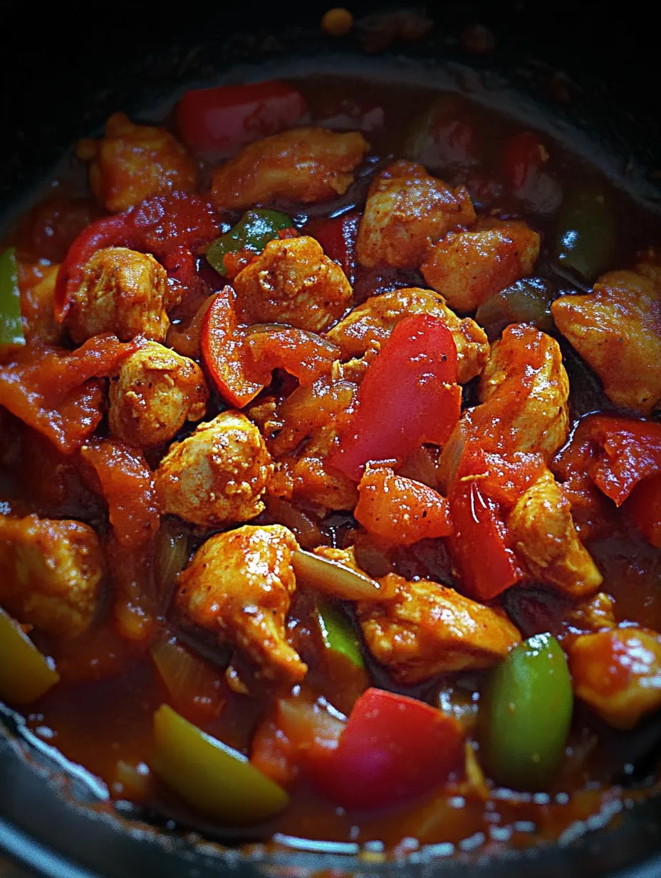 Un plato de receta de pollo con pimientos.