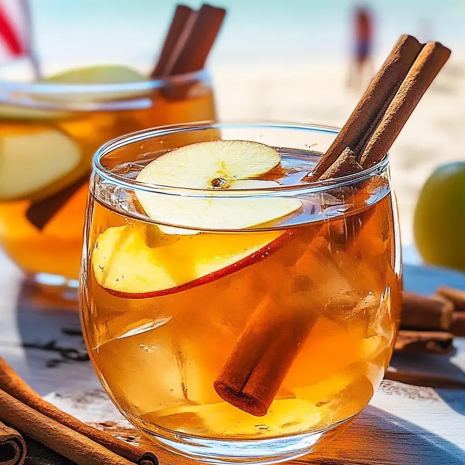 Un vaso de té de manzana y canela con un palito de canela dentro.