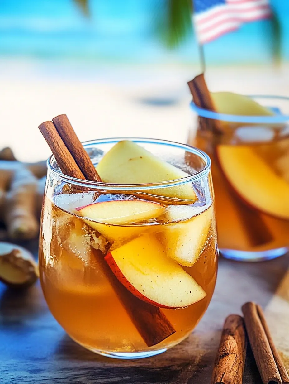 Un vaso de té de manzana y canela con una rama de canela dentro.