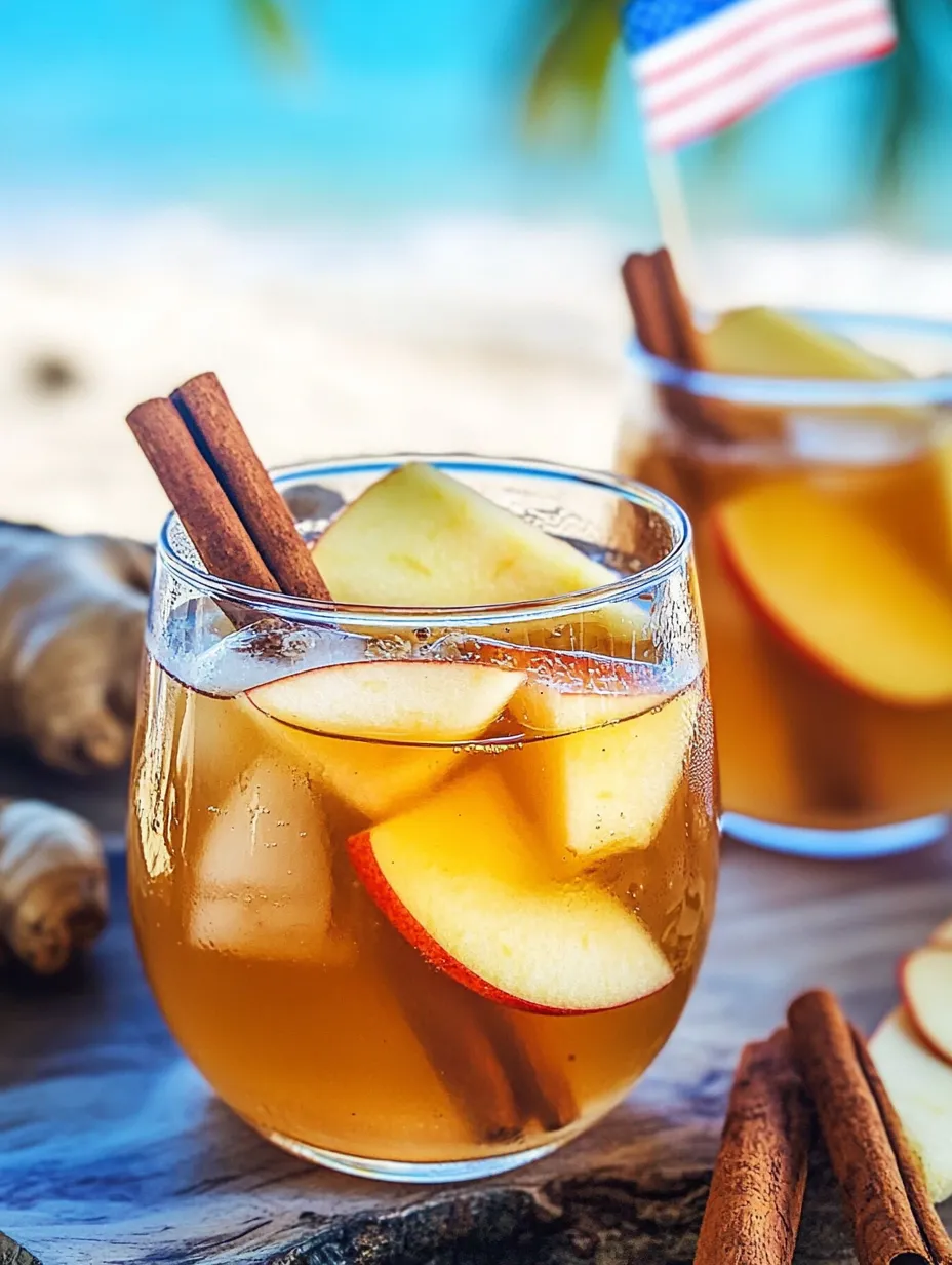 Un vaso de té de manzana y canela con una rama de canela dentro.