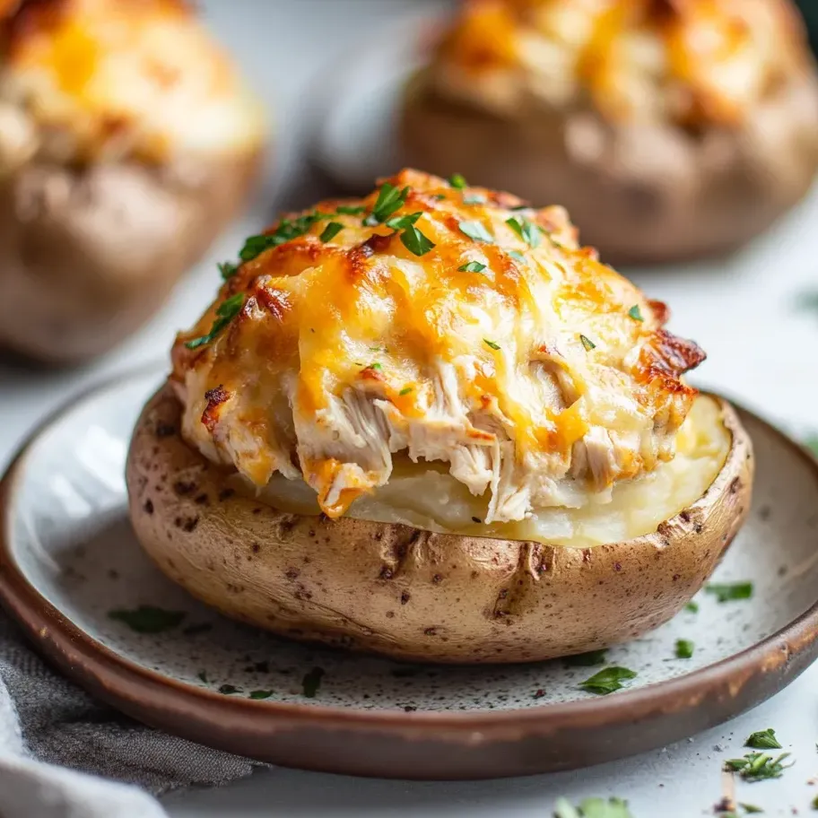 Un plato con una papa al horno cubierta de pollo y queso.