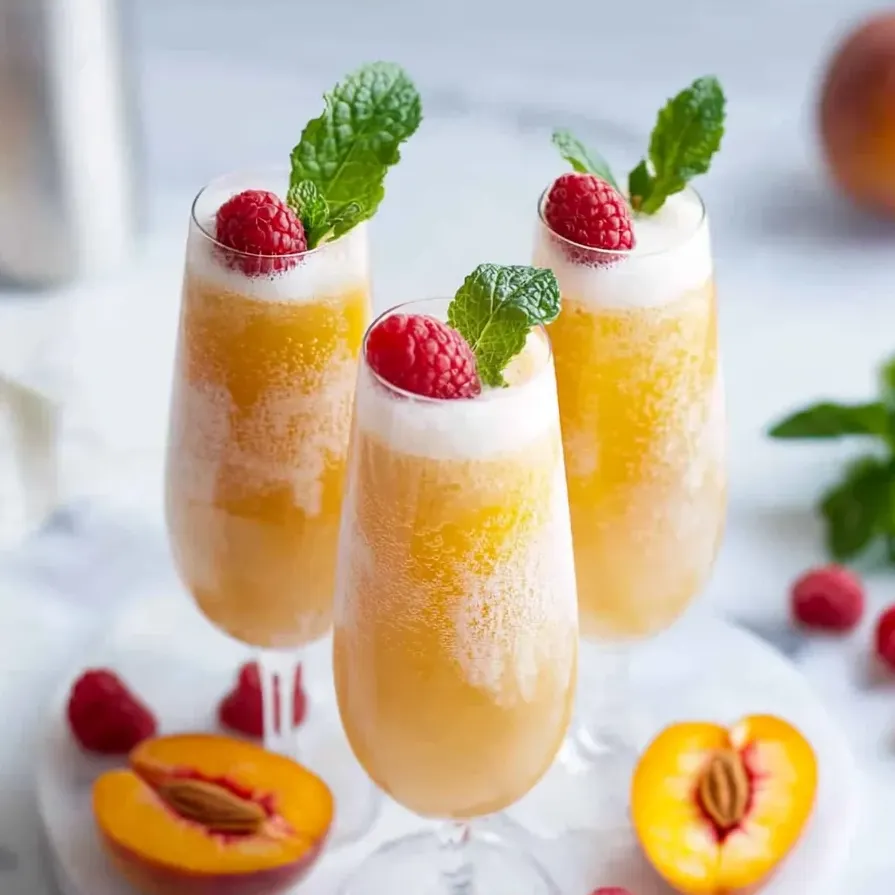 Tres copas de bellini de melocotón sin alcohol.