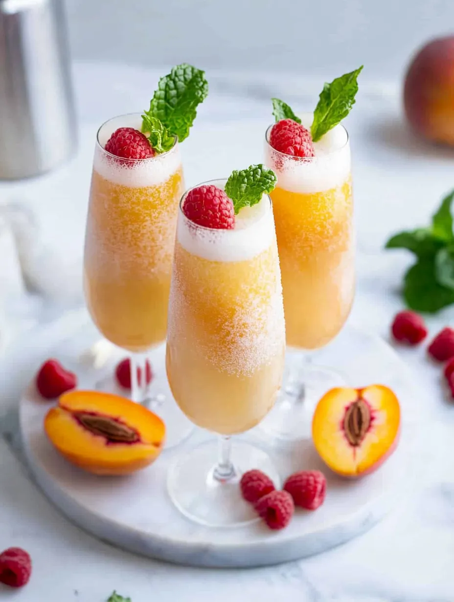 Tres copas de mocktail bellini de melocotón.