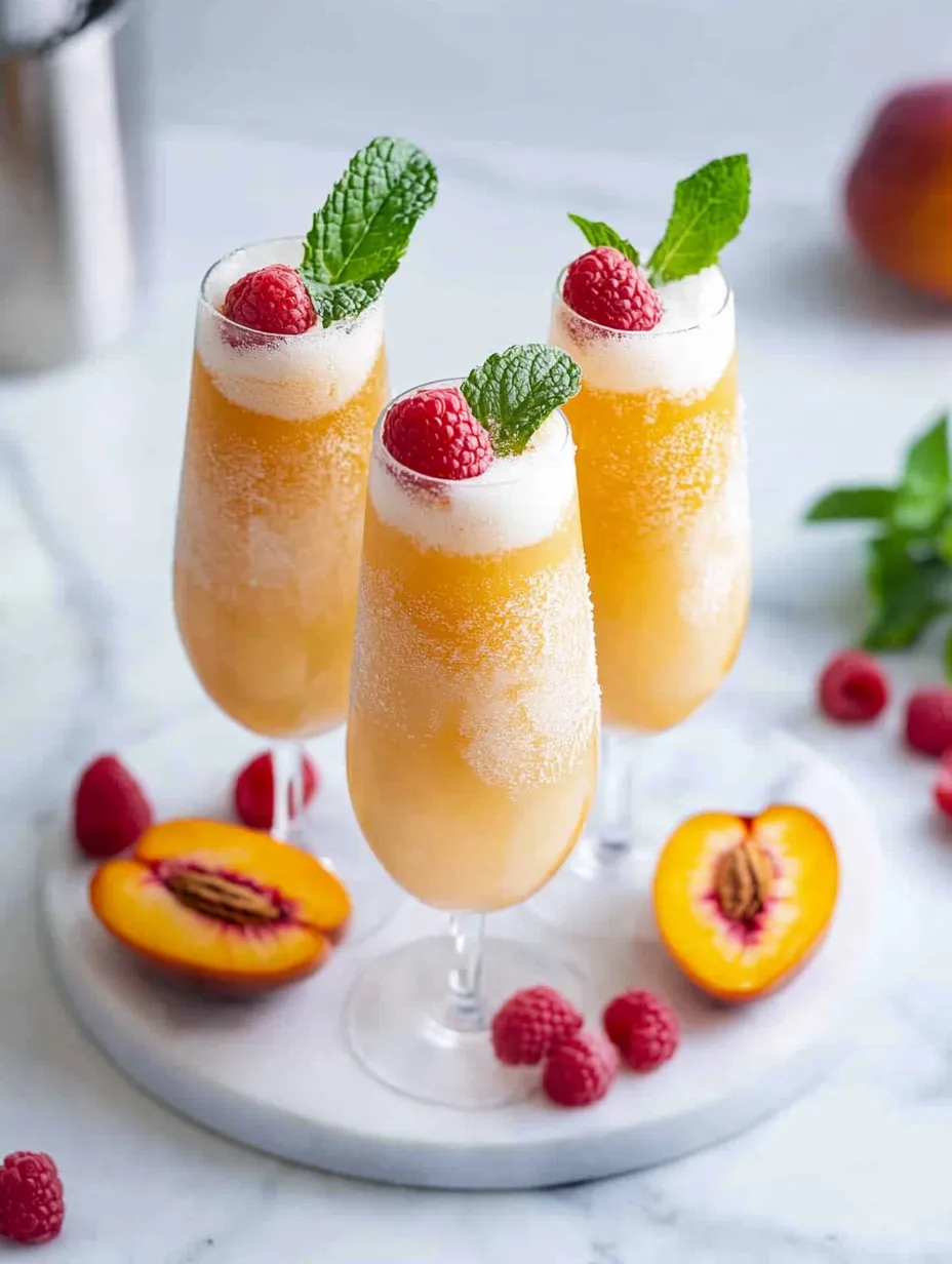 Tres copas de mocktail bellini de melocotón.