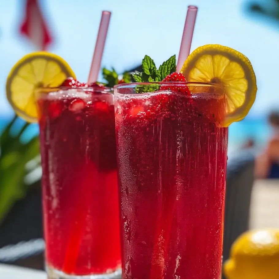 Dos vasos de limonada de fresa con rodajas de limón.