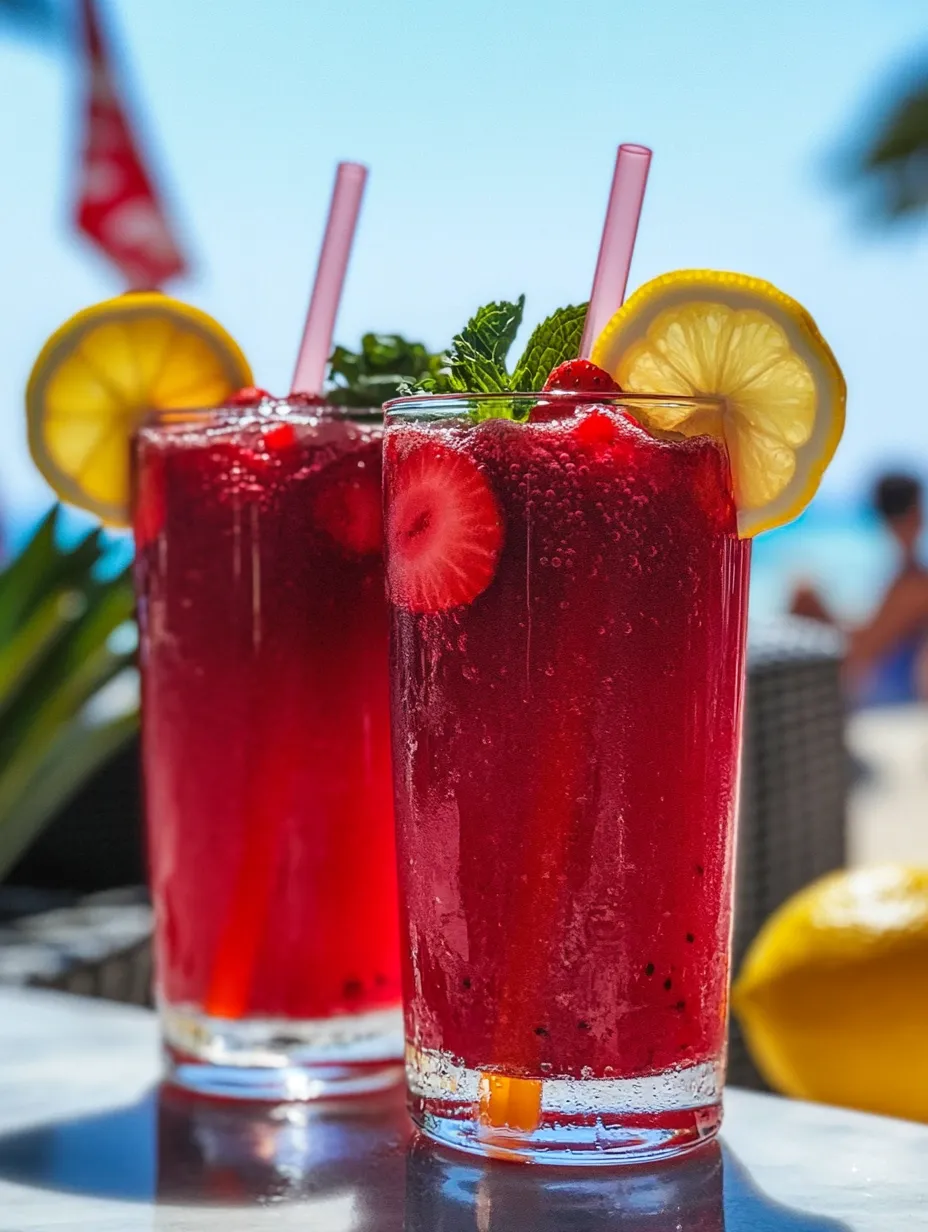 Dos vasos de té de hibisco con fresas y limonada.