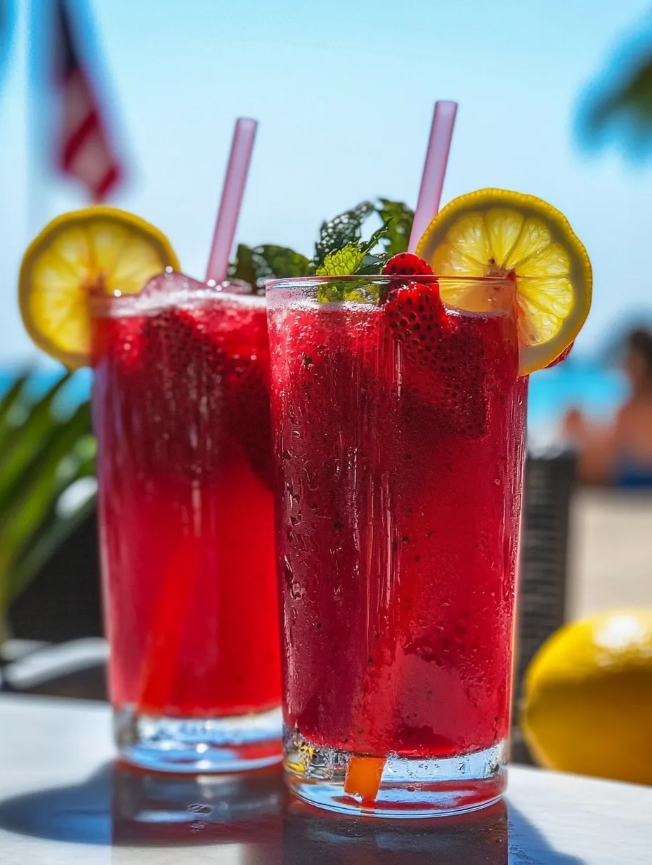 Dos vasos de limonada de fresa con bebidas rosadas y rojas.