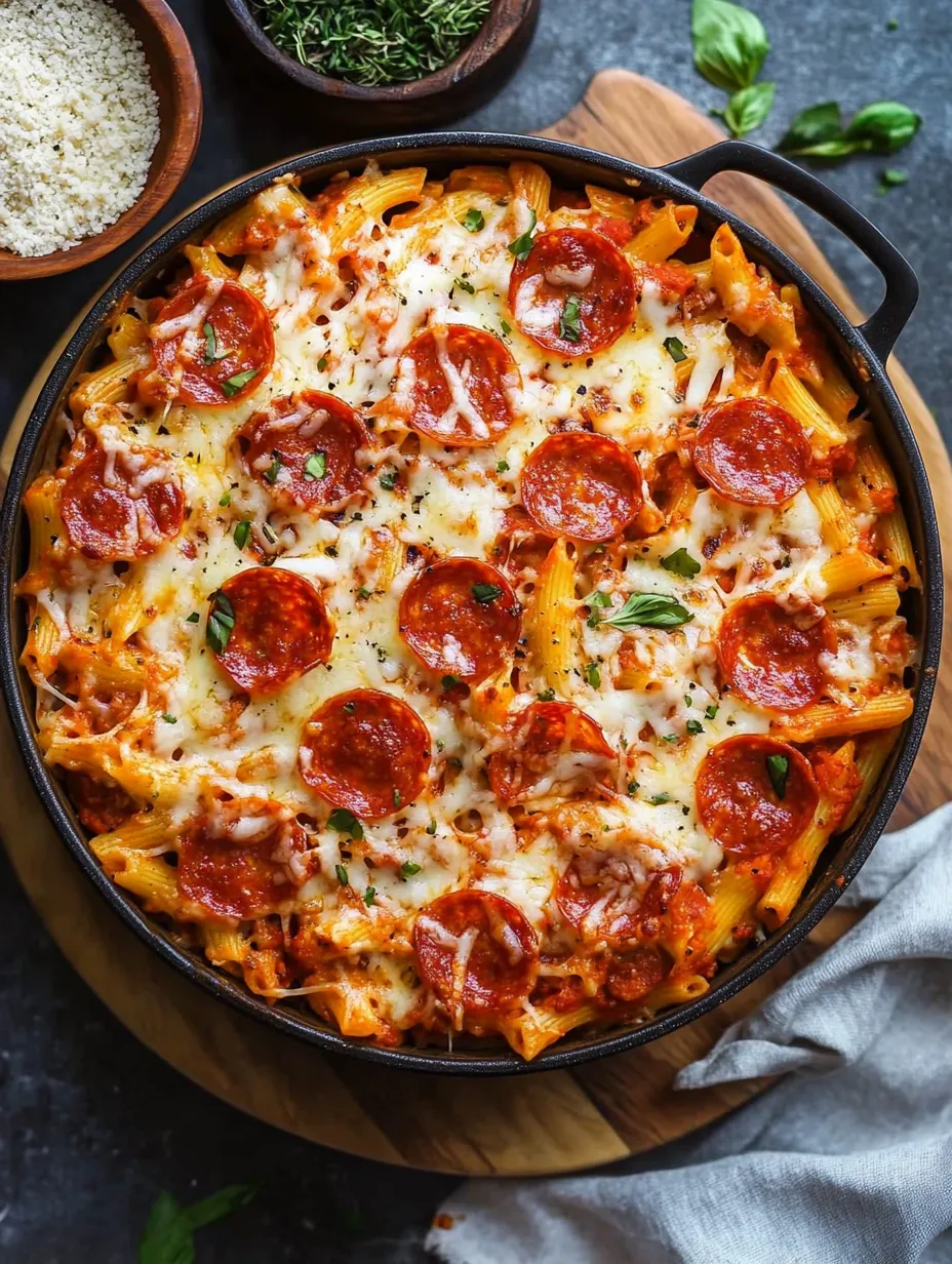 Un plato de pasta con pepperoni y queso.