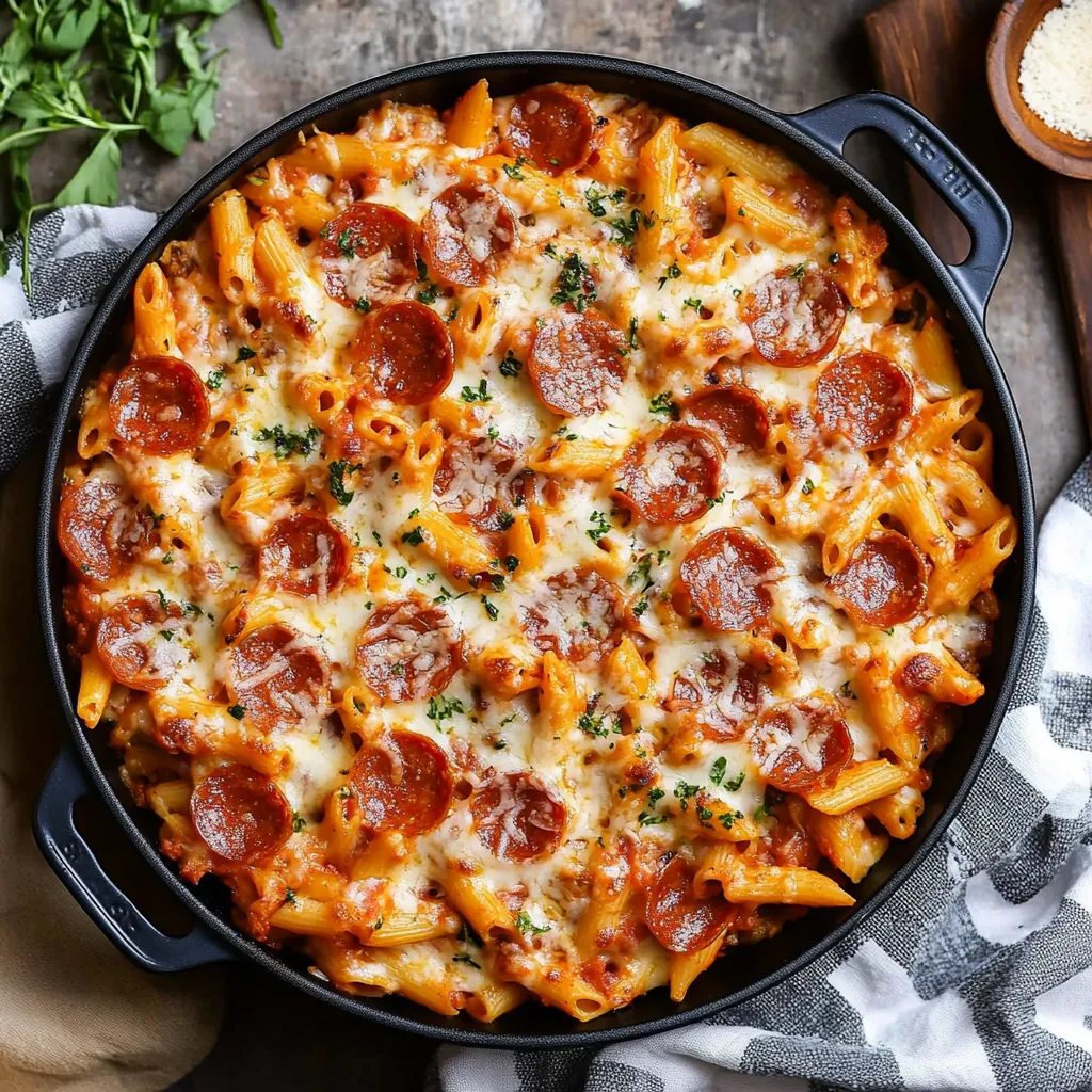Una bandeja de pasta con pepperoni y queso.