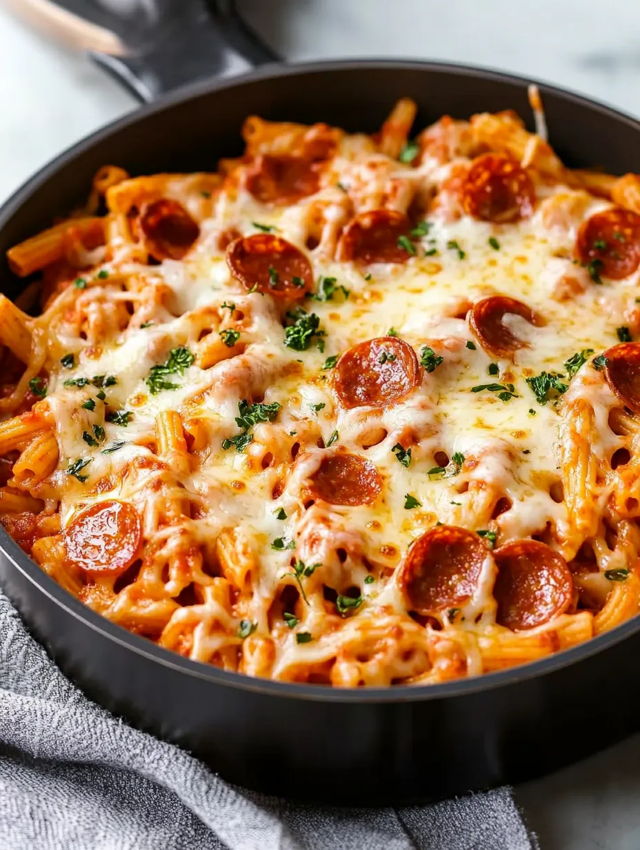 Un plato de pasta con pepperoni y queso.