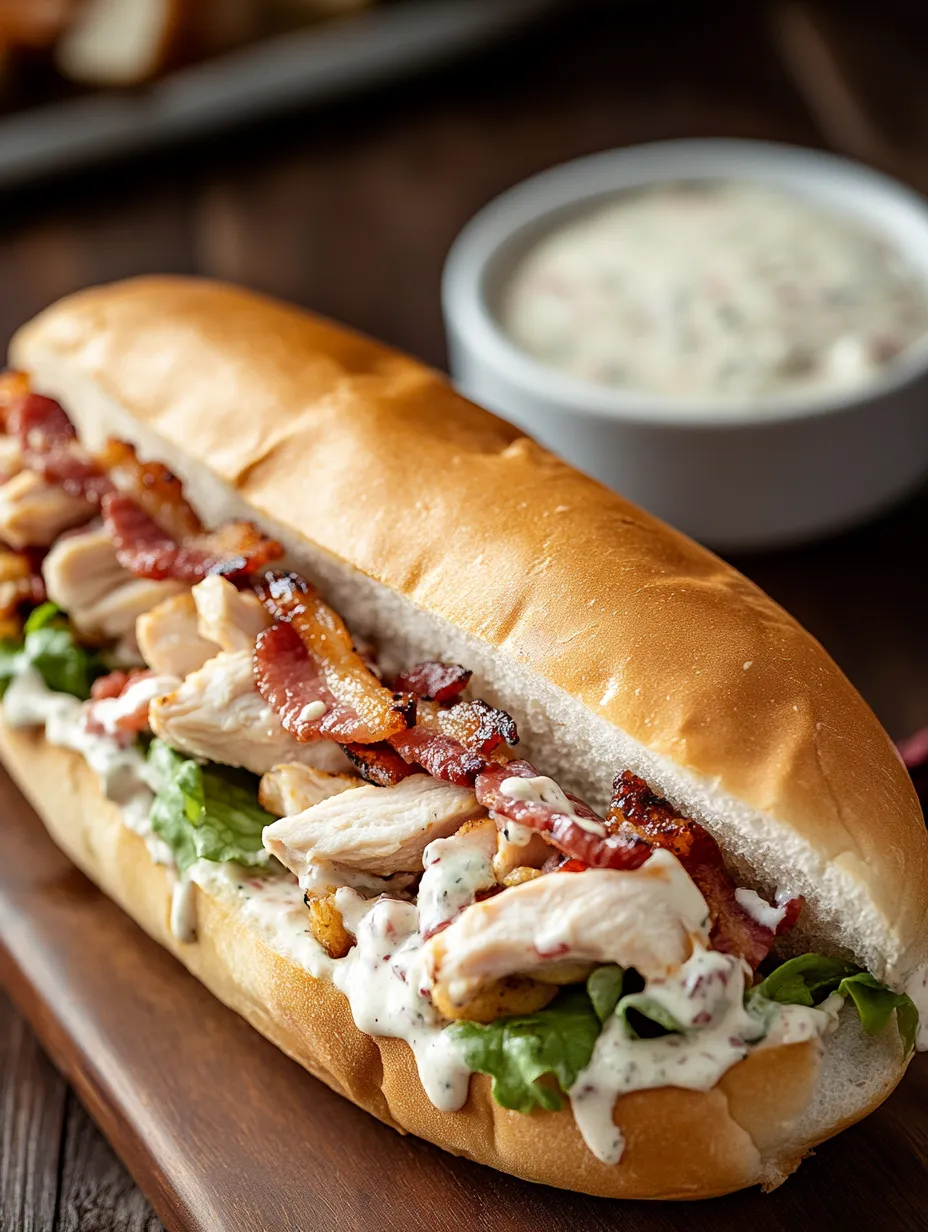 Un sándwich con pollo, tocino y aderezo ranch.