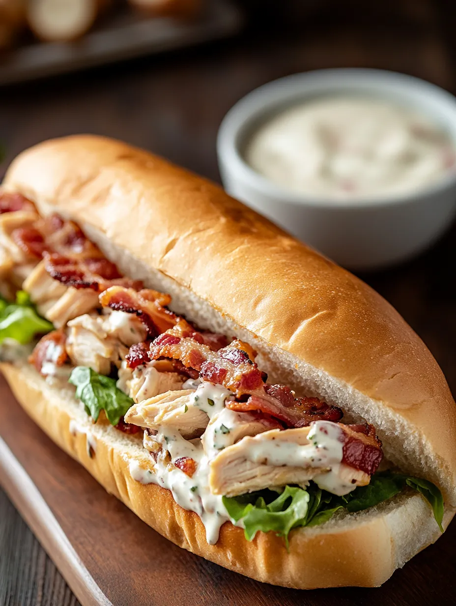 Un sándwich con tocino y pollo encima.