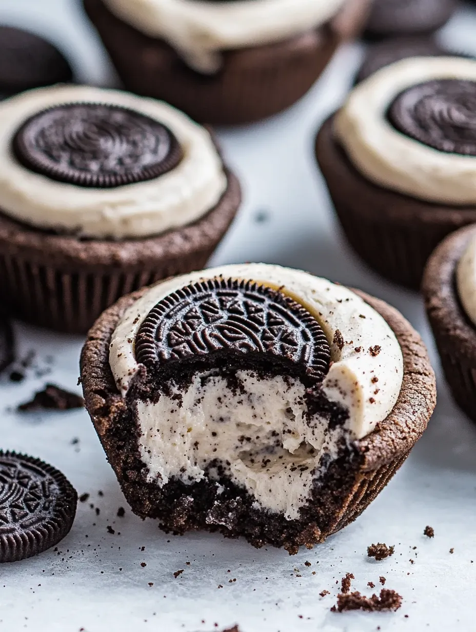 Un primer plano de una deliciosa receta de copitas de galleta con cheesecake de Oreo.
