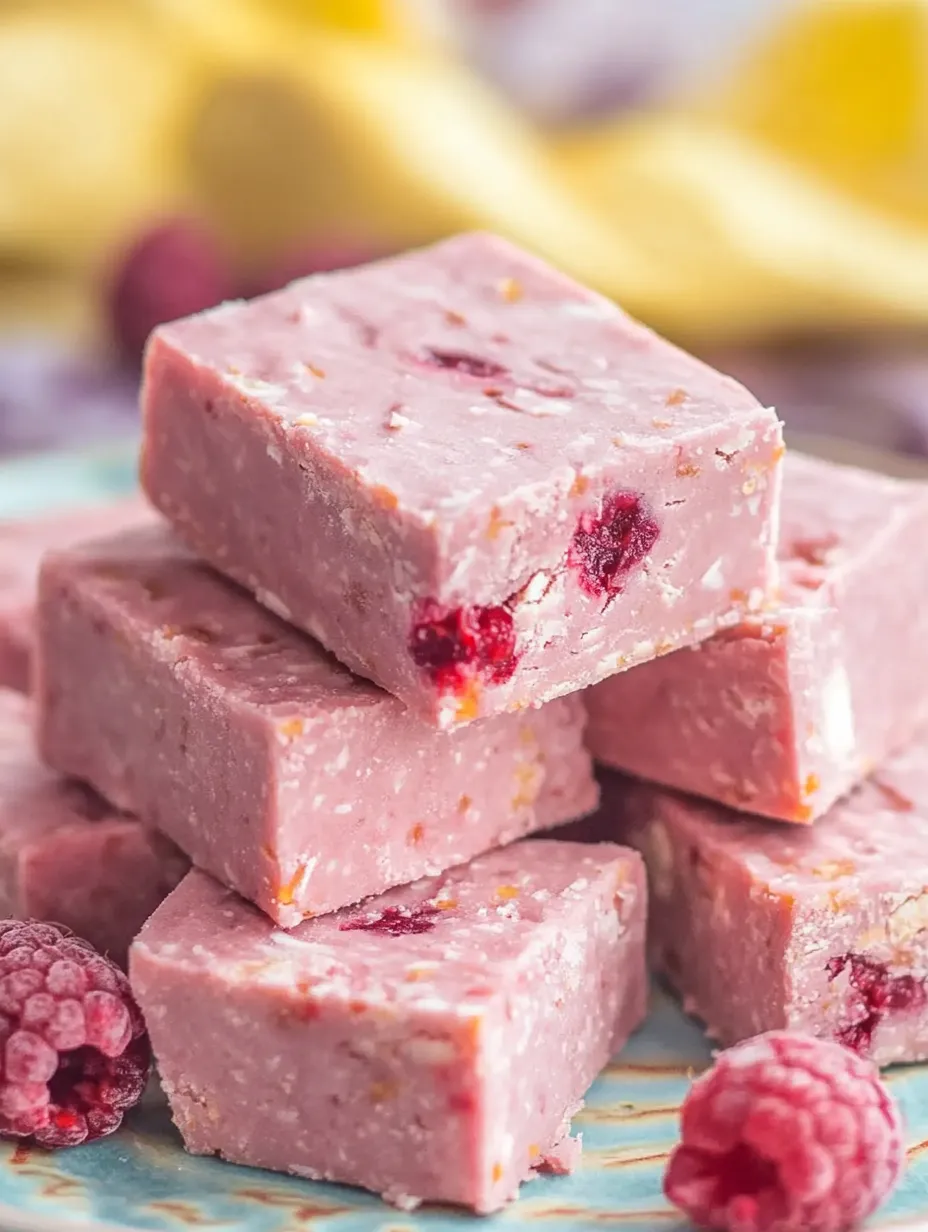 Una pila de delicias rosa y naranja de frambuesa y coco.