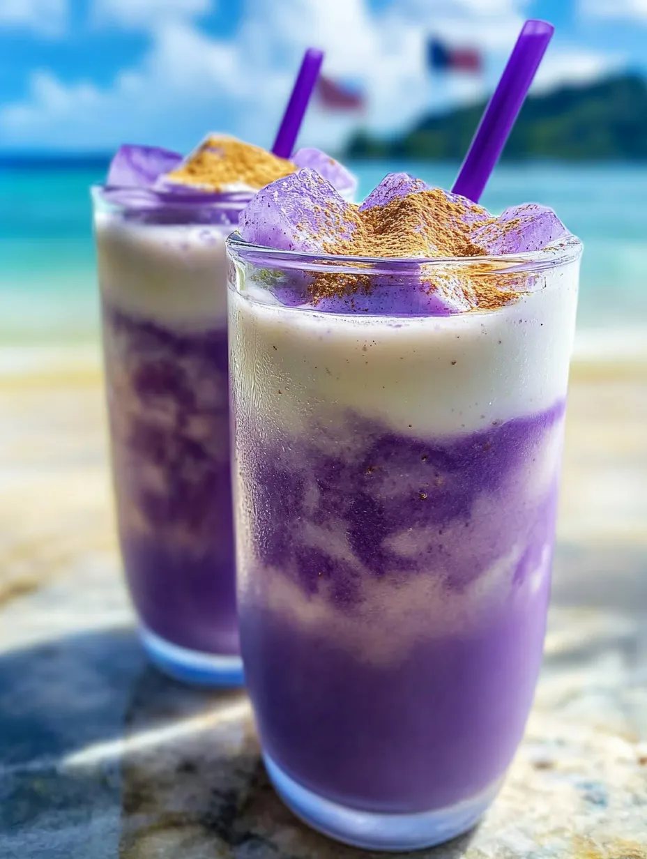Dos vasos de bebida morada con un toque de canela por encima.