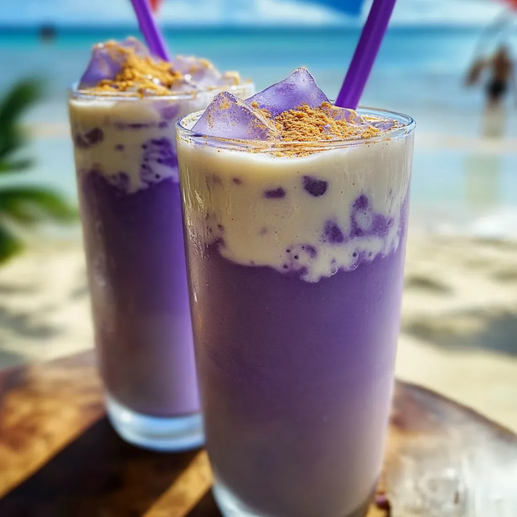 Dos vasos de bebida morada con pajitas.