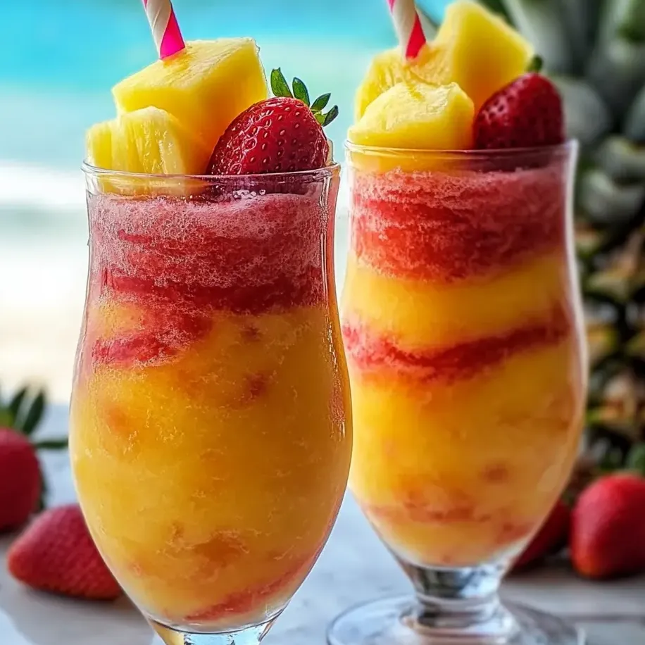 Dos vasos de granizados con remolinos de piña y fresa.
