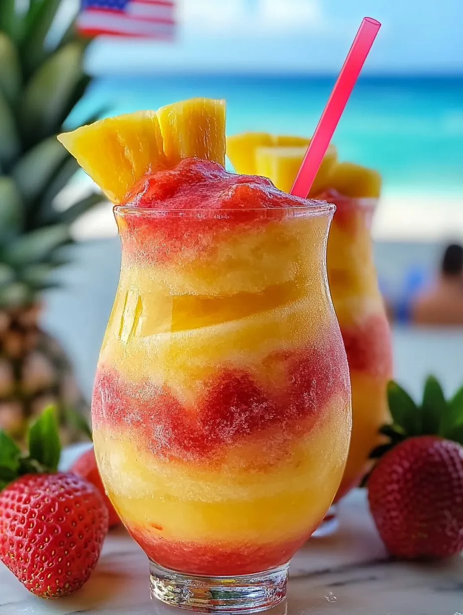 Dos batidos helados de piña y fresa con remolinos sobre una mesa.