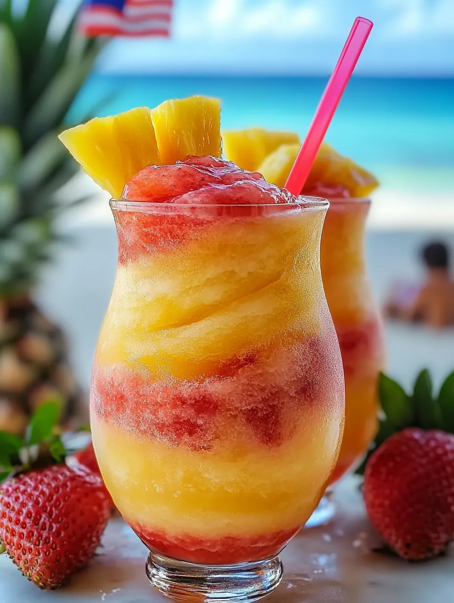 Dos vasos de batidos helados de piña y fresa con remolinos.
