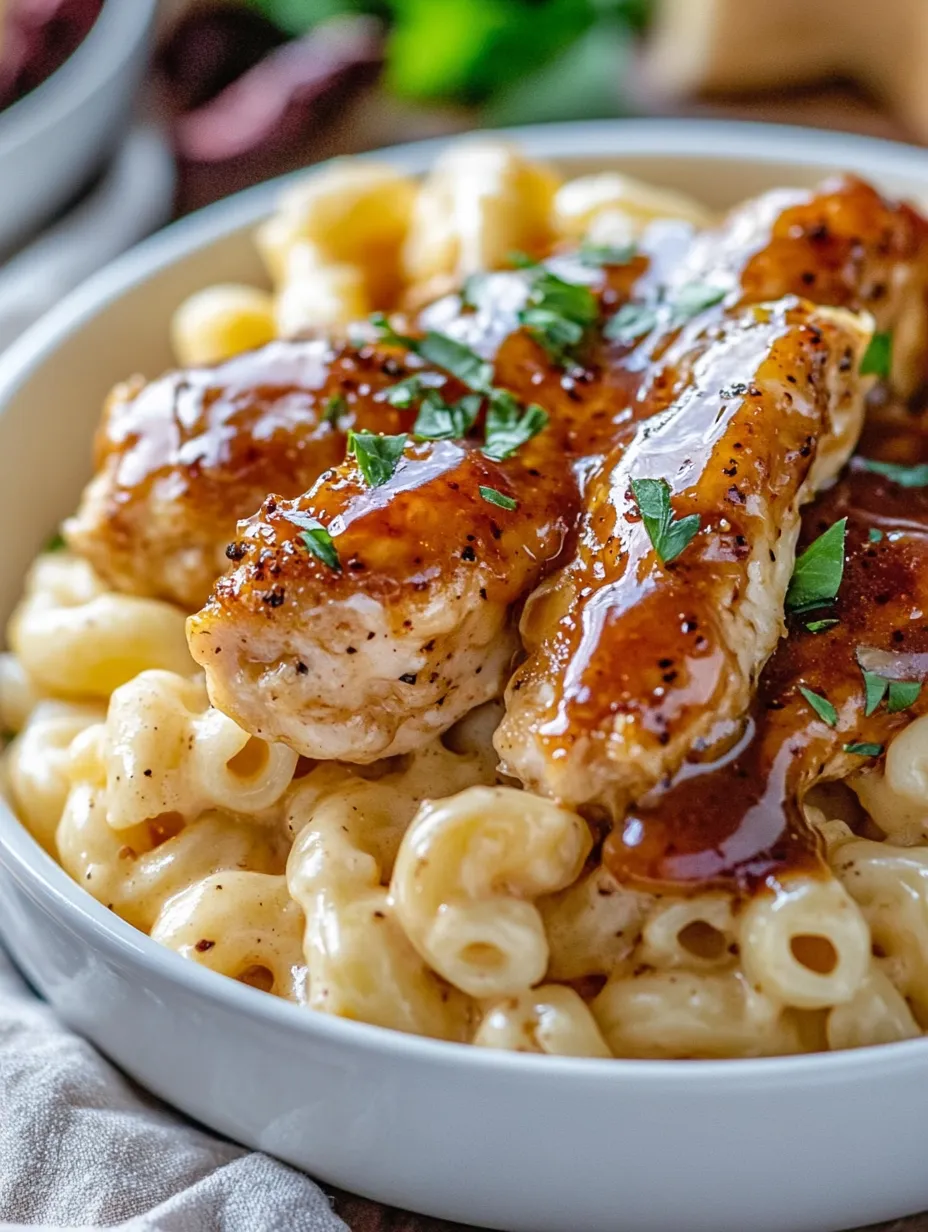 Un plato con pollo y macarrones con queso.