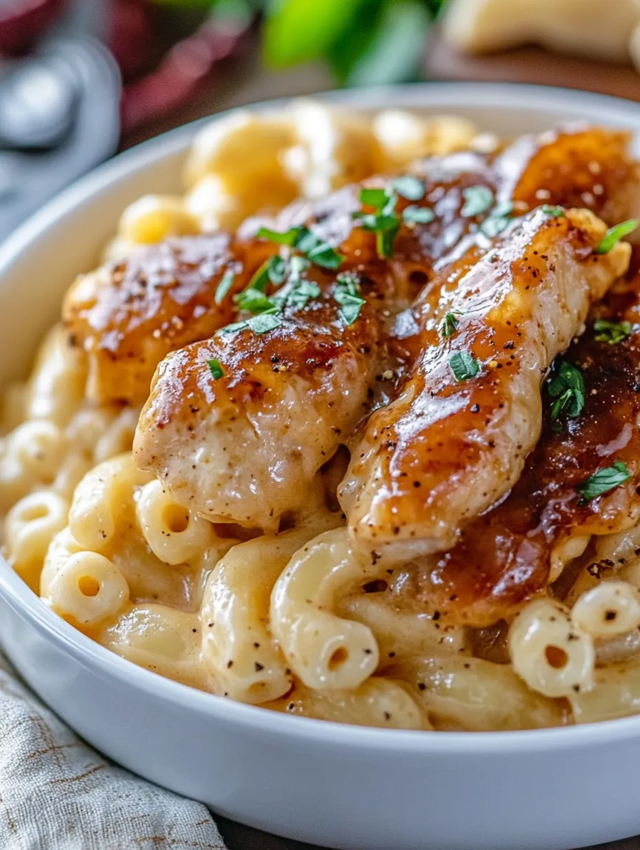 Un plato de Pollo con Miel y Pimienta sobre Macarrones.