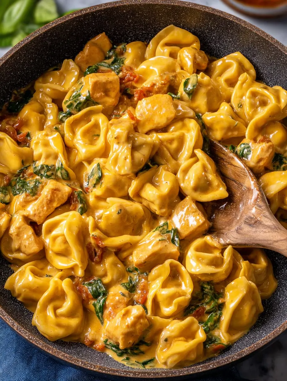 Un tazón de tortellini con pollo y una cuchara de madera dentro.