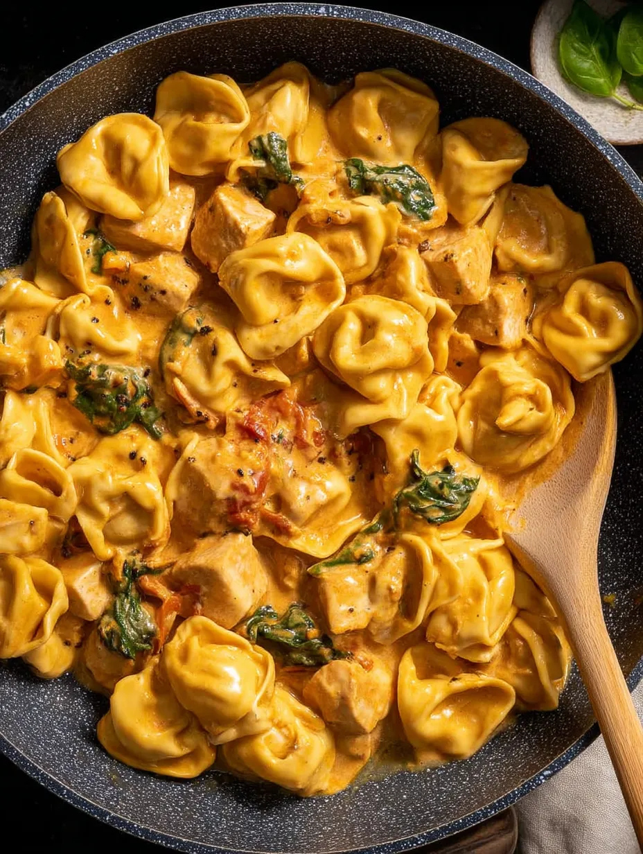 Un tazón de tortellini con pollo y una cuchara dentro.