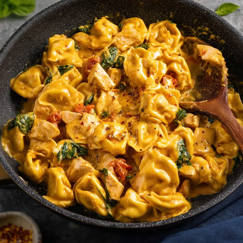Un delicioso plato de tortellini con pollo.