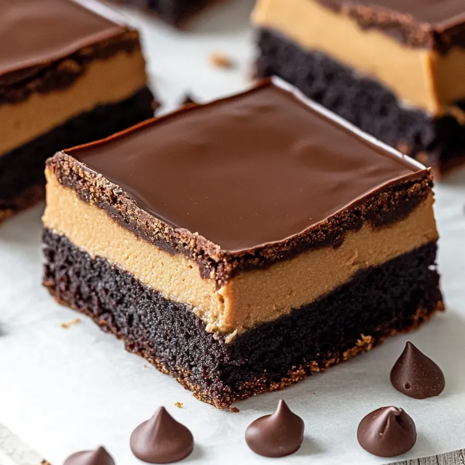Un trozo de brownies buckeye con ganache brillante.