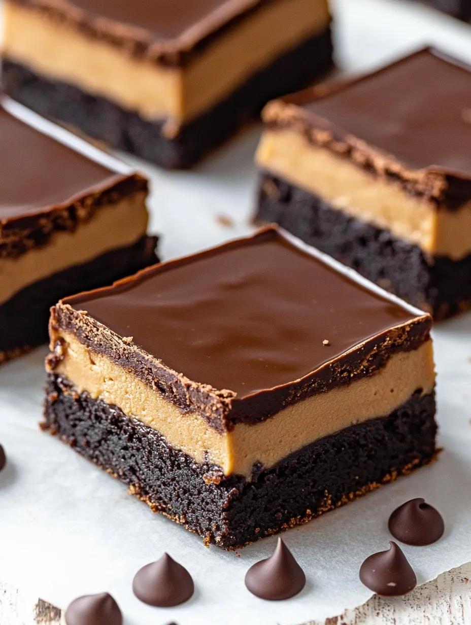 Acercamiento a un brownie Buckeye de chocolate y mantequilla de maní.