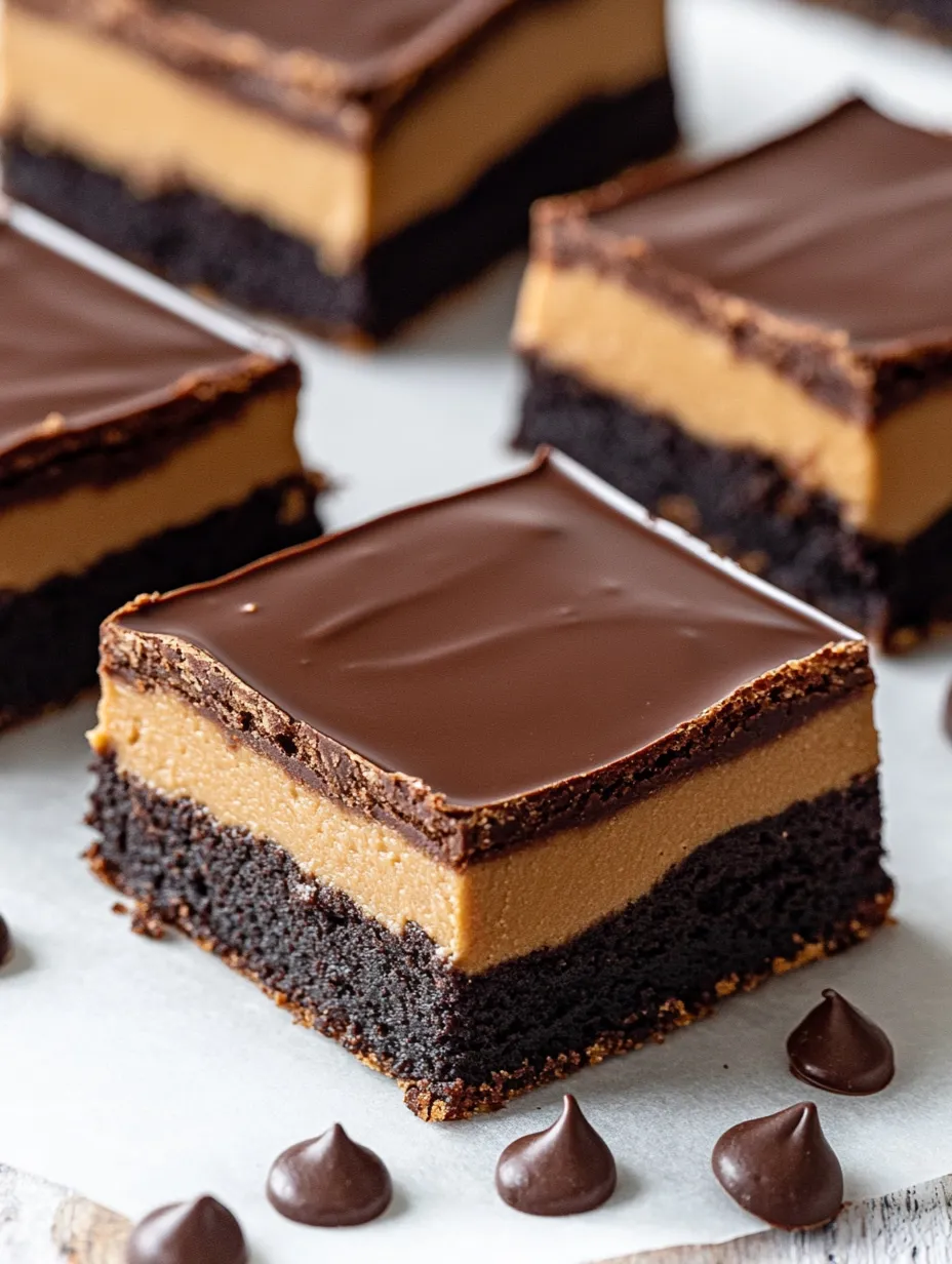 Acercamiento a una barra de Buckeye Brownie con ganache.