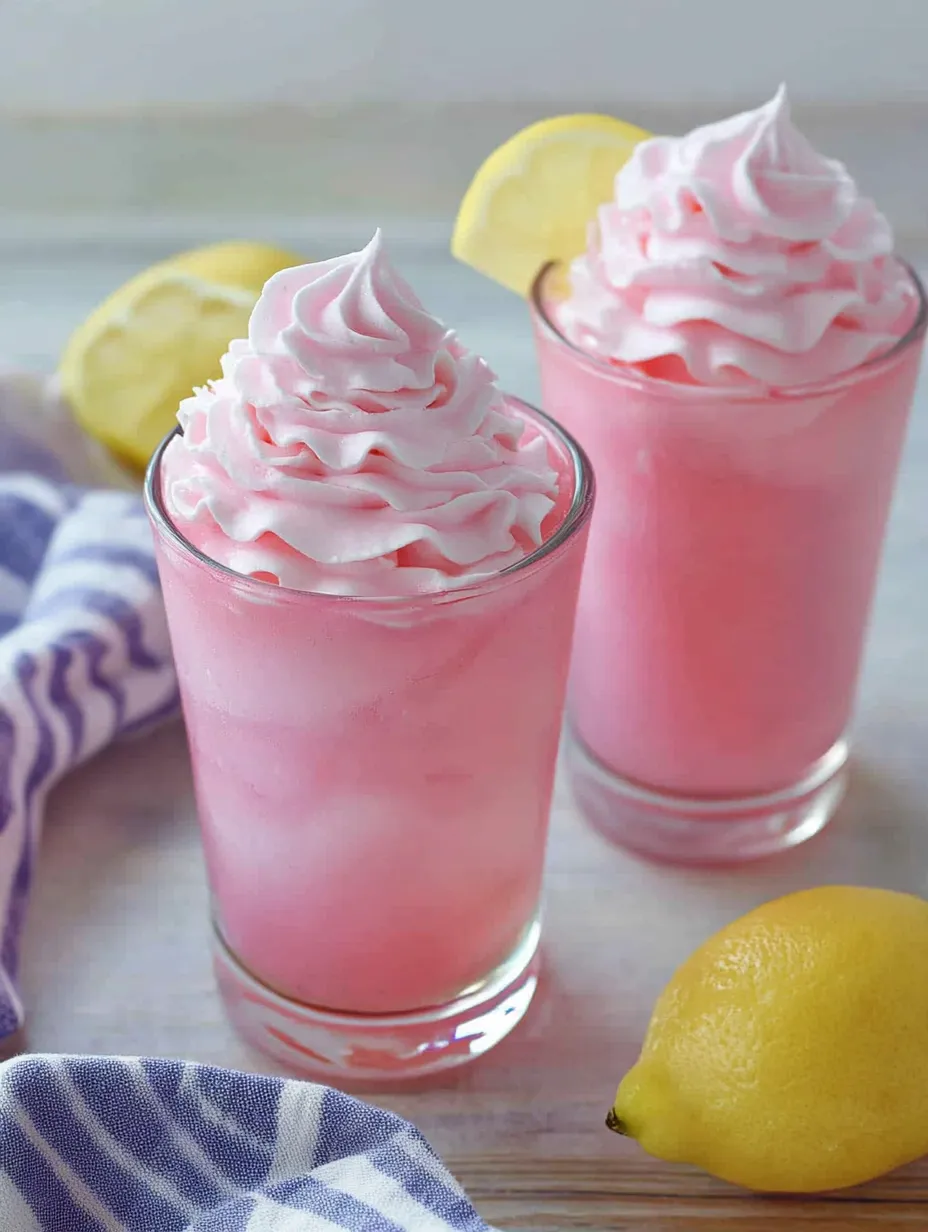 Dos vasos de limonada rosa con nata montada encima.
