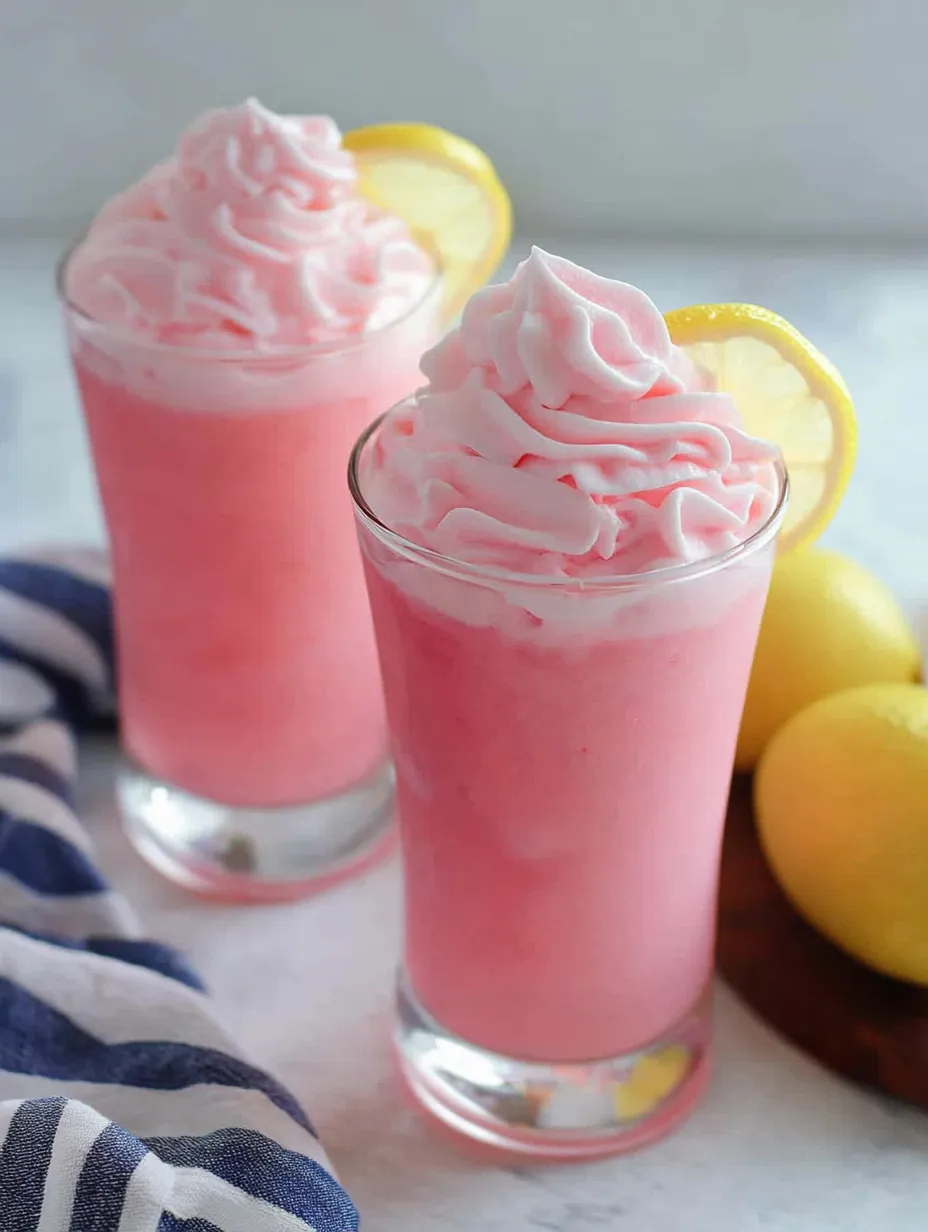Dos vasos de limonada rosa con nata montada encima.