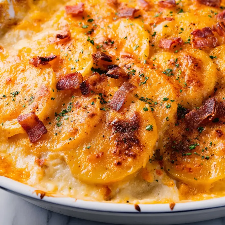 Fuente de papas gratinadas con tocino.
