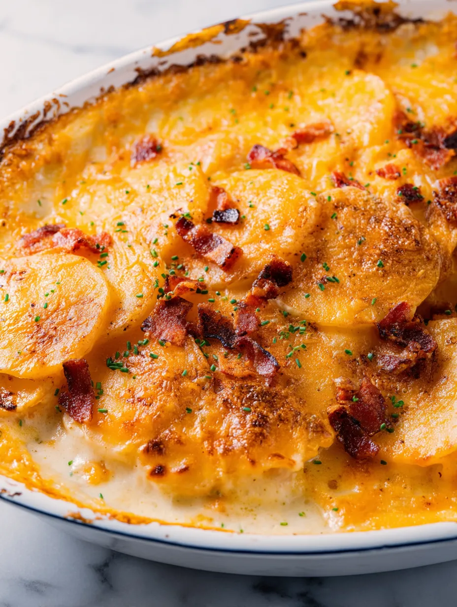 Cazuela de papas gratinadas con tocino y queso.