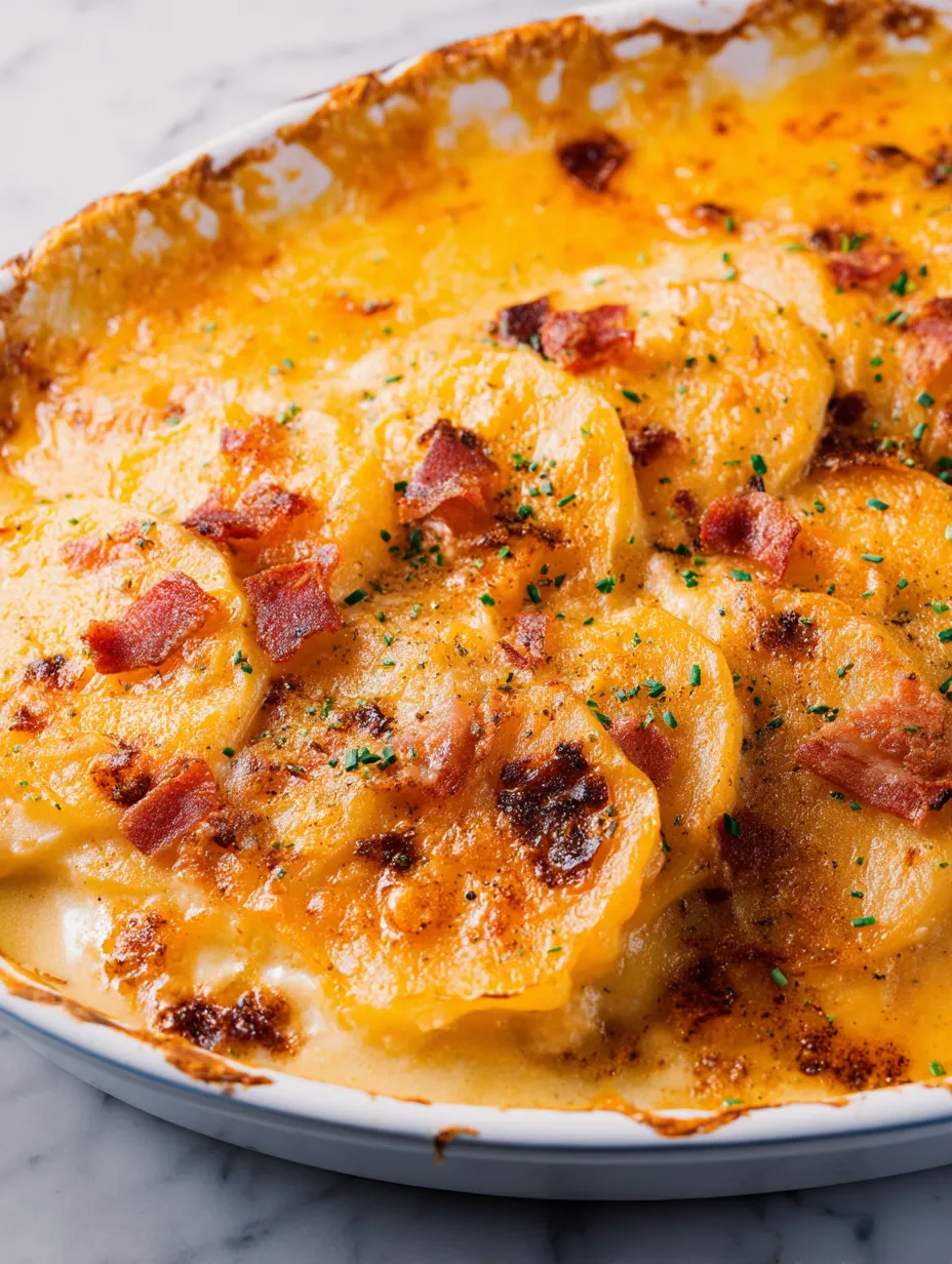 Cazuela de papas gratinadas con tocino y queso.