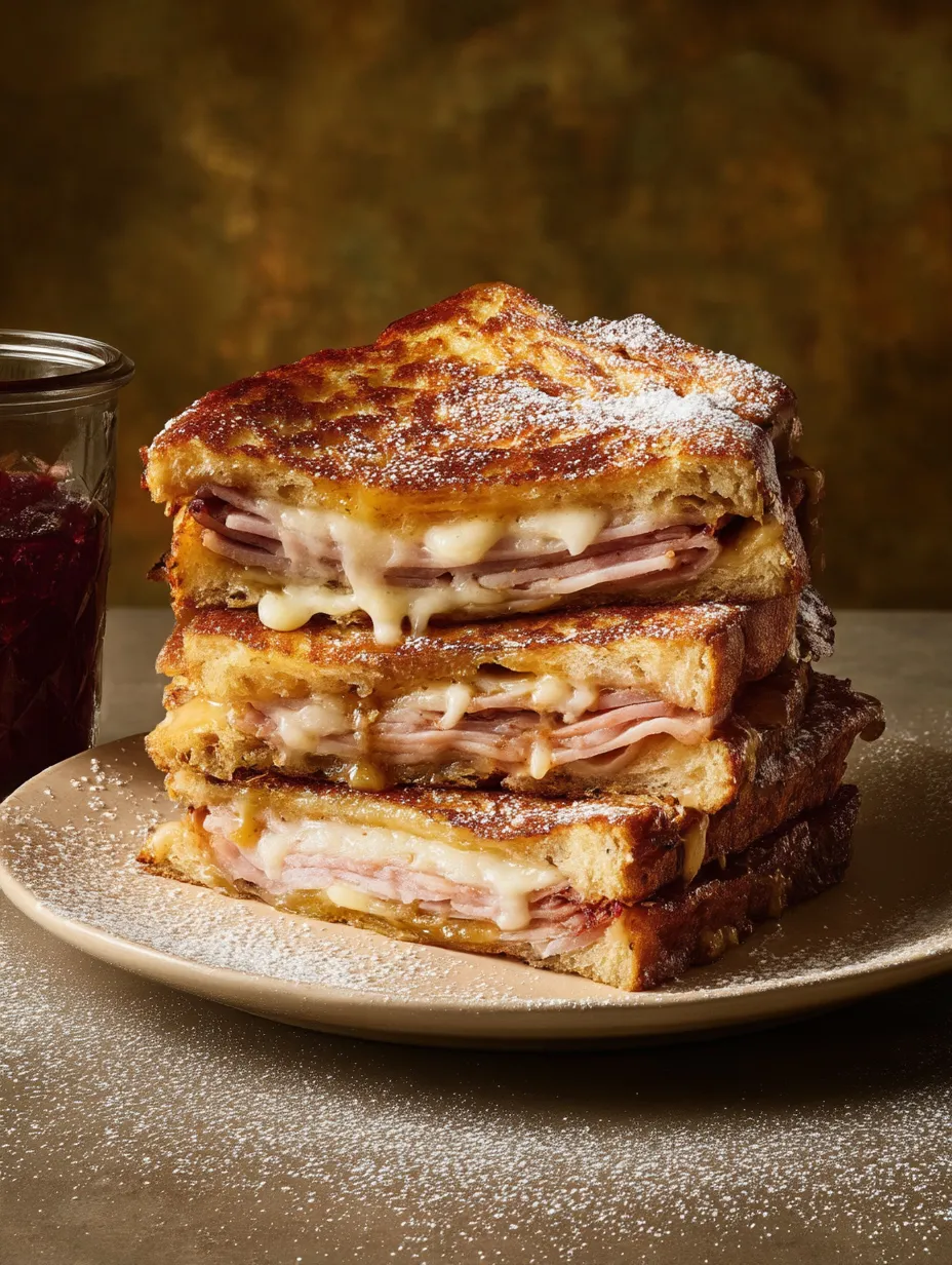 Un sándwich Monte Cristo relleno de queso y jamón, apilado.