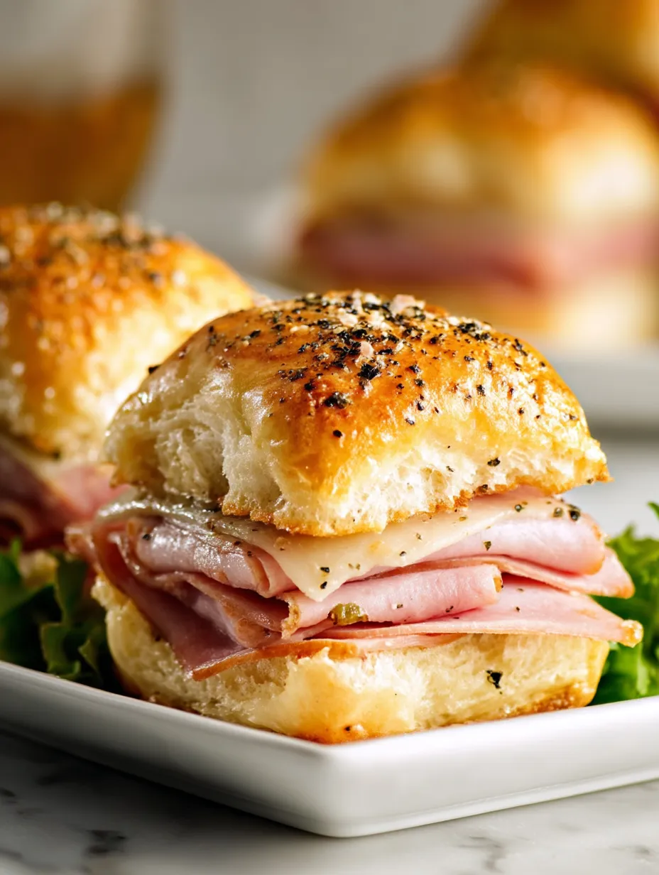 Dos sliders de jamón y queso suizo en un plato.